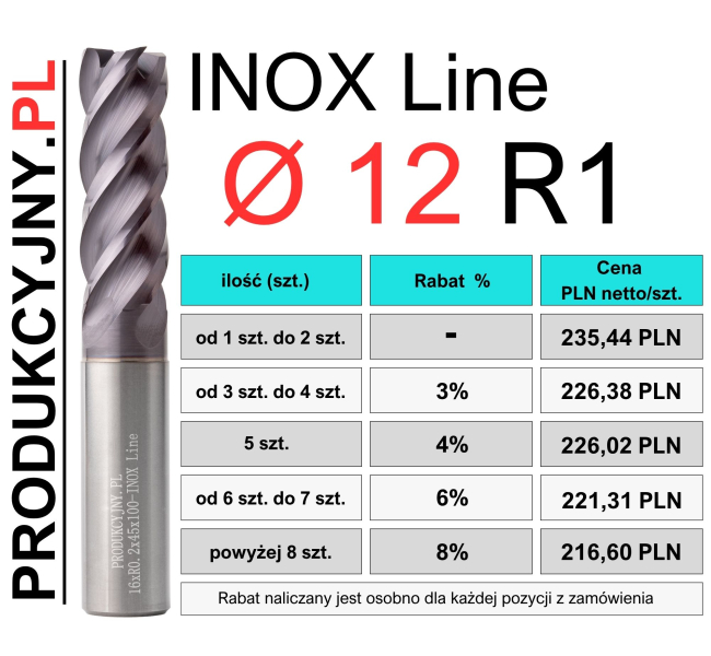 Frez z promieniem naroża fi 12 R1 INOX LINE